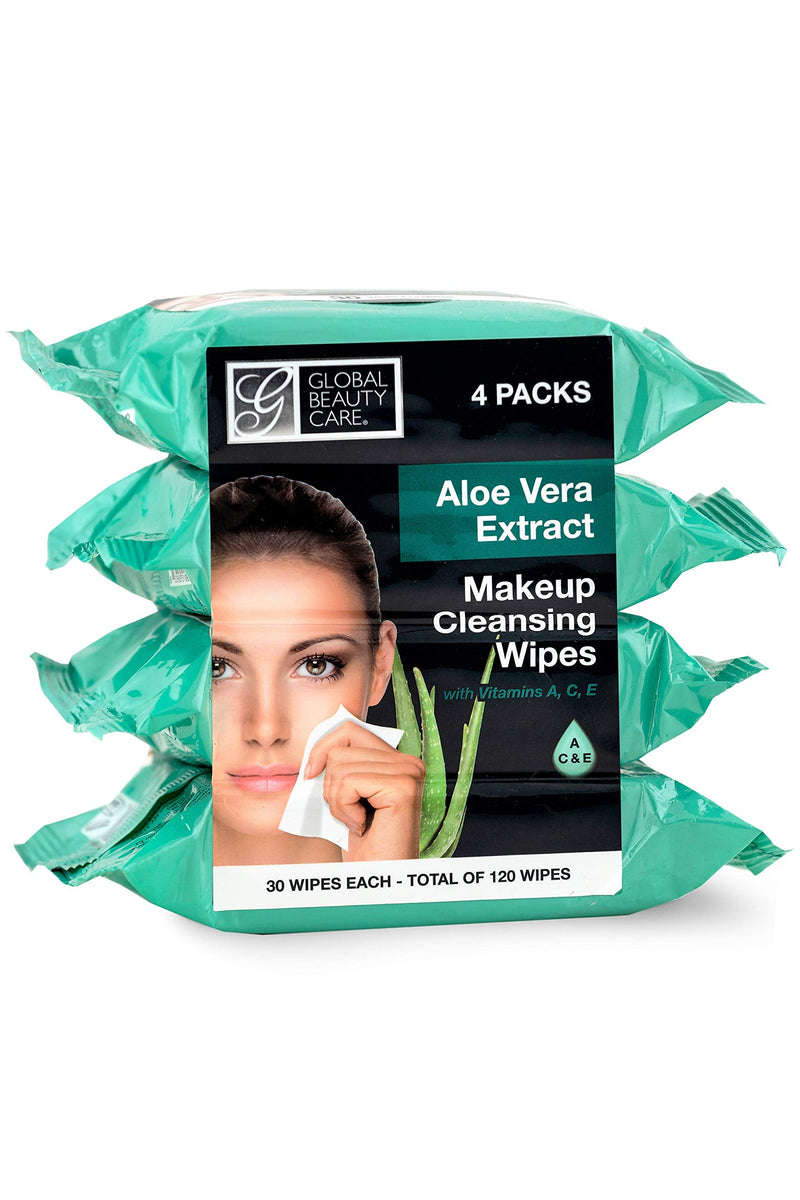 Global Beauty Care Aloe Vera Waterproof Makeup Remover Face Cleansing Wipes | Supports Hydrates Skin, Removes Waterproof Makeup, Lifts Oil & Dirt, Vitamins A, C & E, All Skin Types, 120 Wipes (4-Pack) 30 Count (Pack of 4)