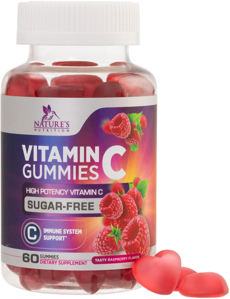 Zero Sugar Vitamin C Gummies - Immune Support & Antioxidant VitaminC Dietary Supplement - Vegan, Non-GMO, Dairy & Gluten Free C Vitamin Gummy - Raspberry Flavor for Kids & Adults - 60 Count Gummies 60 Count (Pack of 1)