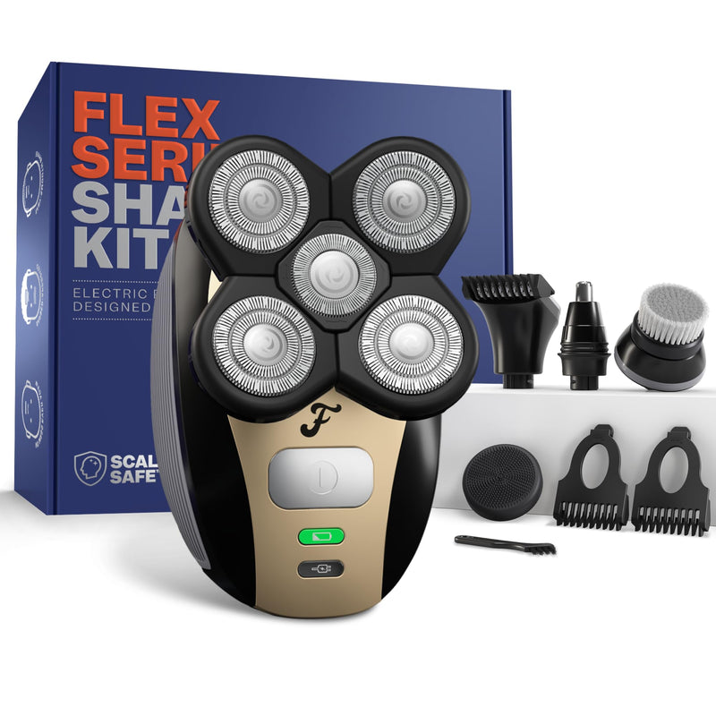 FlexSeries Electric Head & Body Hair Shaver - Mens Cordless Rechargeable Wet/Dry Skull Bald Head Back & Groin Waterproof Razor with Rotary Blades, Clippers, Nose Trimmer, Brush, Massager FlexSeries