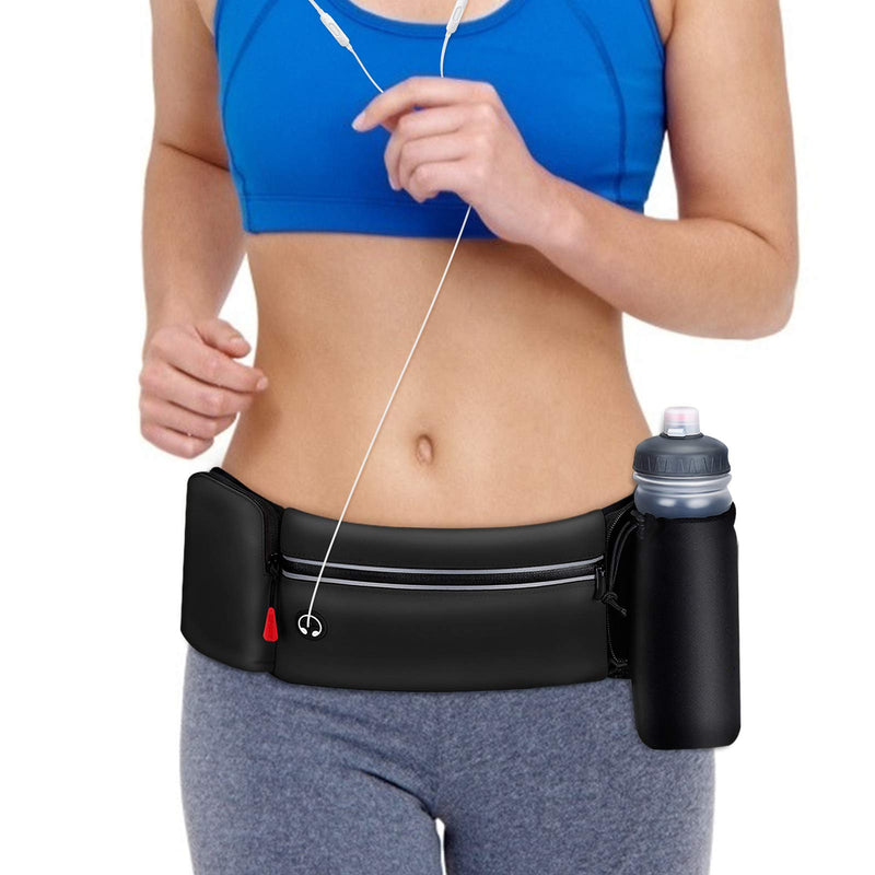 Hydration Running Belt for Women Men Running Fanny Pack with Foldable Water Bottle Holder (Bottles NOT Included) for Walking No Bounce Adjustable Waist Pouch for Runners Jogging black