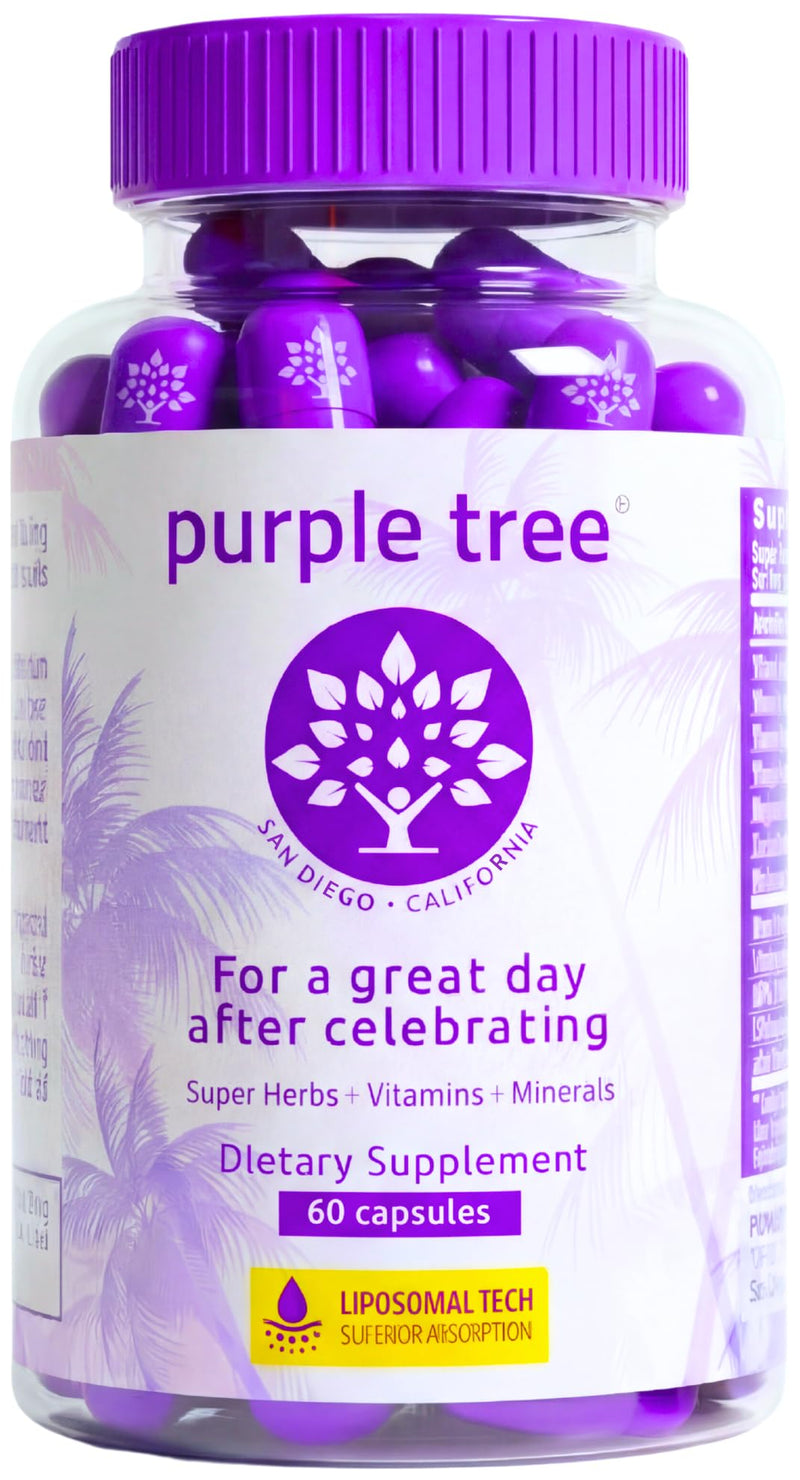 purple tree Post-Celebration Wellness Supplement | Liposomal Dihydromyricetin (DHM), L-Glutathione, Milk Thistle for Liver Support & Hydration | Electrolytes, B Vitamins, Willow Bark | 60 Capsules 60 Count (Pack of 1)