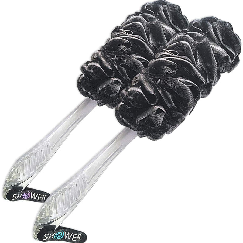 Loofah-Charcoal Back-Scrubbers 2-Pack-by-Shower-Bouquet: Long-Handle Bath-Sponge-Brushes with Extra Large Soft Mesh for Men & Women - Exfoliate with Full Pure Cleanse in Bathing Accessories Charcoal Black - BeesActive Australia