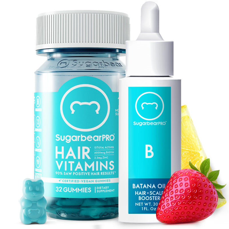SugarbearPRO Batana Hair Oil & Glass-Dropper Applicator, 1oz + Vegan Hair Vitamin Gummies 1 Month Supply, Extra Strength Biotin 6000mcg 1 Month Supply + 1 Batana Oil