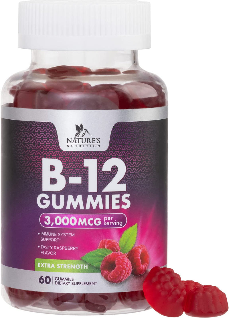 Vitamin B12 Energy Gummies - 3000 mcg per Serving Extra Strength B 12 Gummy for Metabolism, Immune Support - Chewable Dietary B-12 Supplements, Natural Caffeine Free Gummy, Berry Flavor - 60 Gummies 60 Count (Pack of 1)