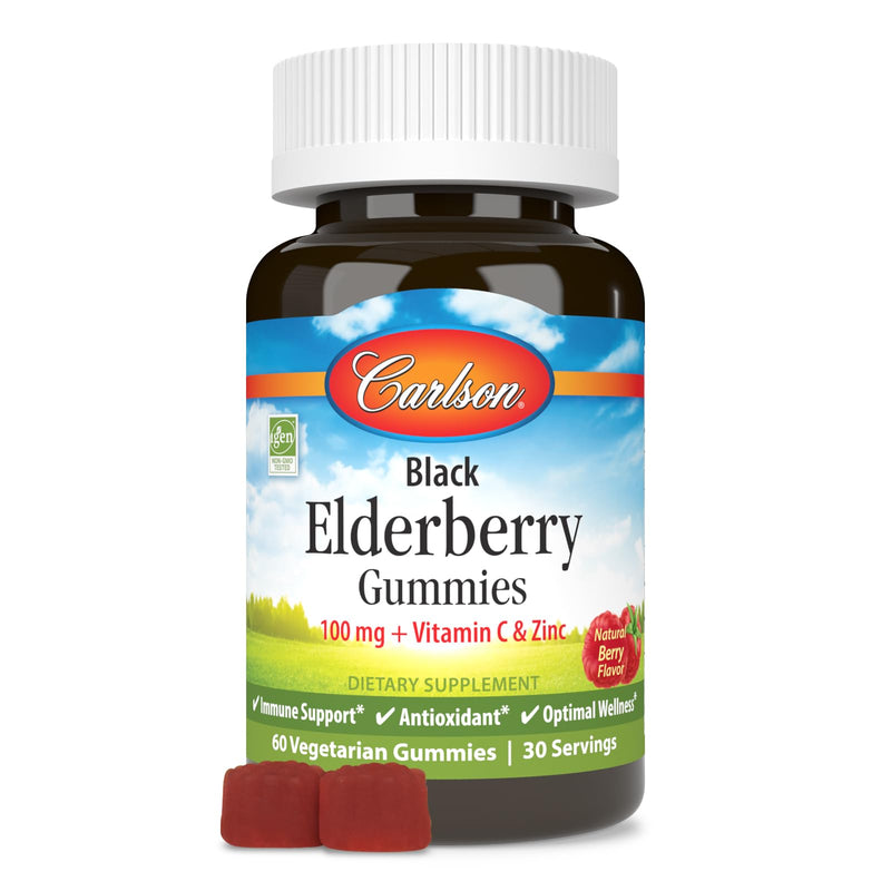 Carlson Black Elderberry Gummies, 100 mg, Non-GMO, 60 Vegetarian Gummies | Berry; Black Elderberry Extract; with Vitamin C & Zinc