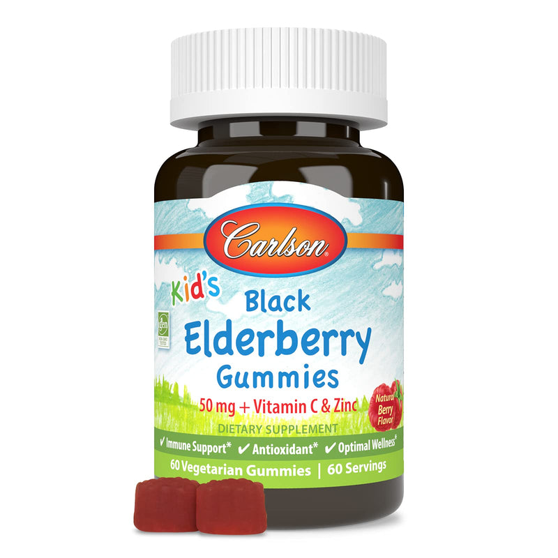 Carlson Kid's Black Elderberry Gummies, 100 mg, 60 Vegetarian Gummies | Berry; Black Elderberry Extract; with Vitamin C & Zinc; Non-GMO