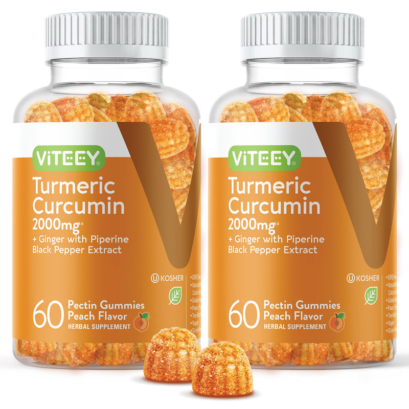 Turmeric Curcumin Gummies with Ginger & Black Pepper Herbal Supplement, 2000mg, Immune Support, Healthy Skin, and Joint Health, Vegan, Pectin Based, for Adults and Teens - Chewable Peach Flavor(2Pack) 60 Count (Pack of 2) - BeesActive Australia