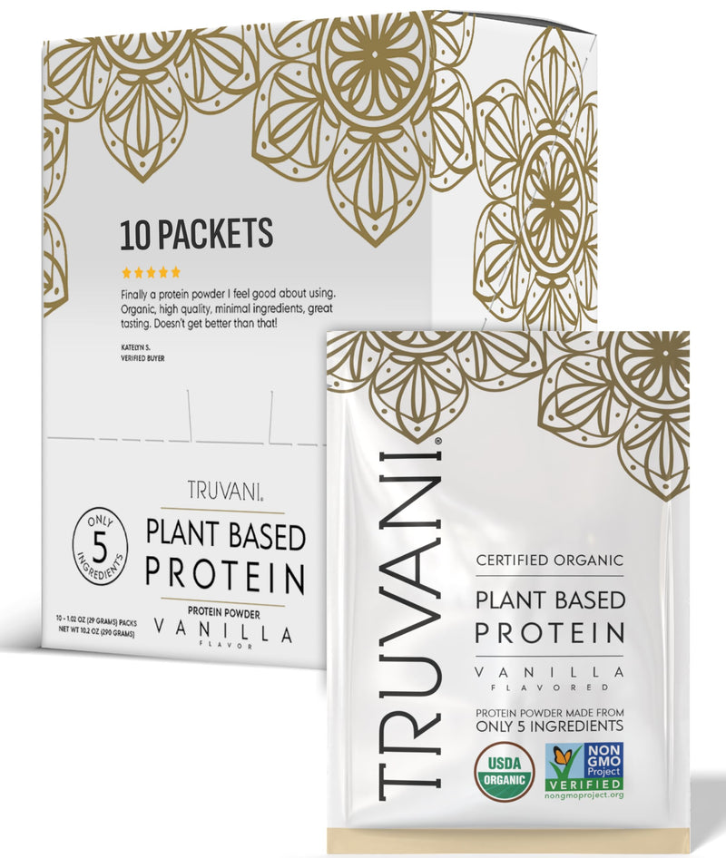 Truvani Vegan Pea Protein Powder | Vanilla | 20g Organic Plant Based Protein | Single Serving Travel Packets | 10 Servings | Keto | Gluten & Dairy Free | Low Carb | No Added Sugar - BeesActive Australia