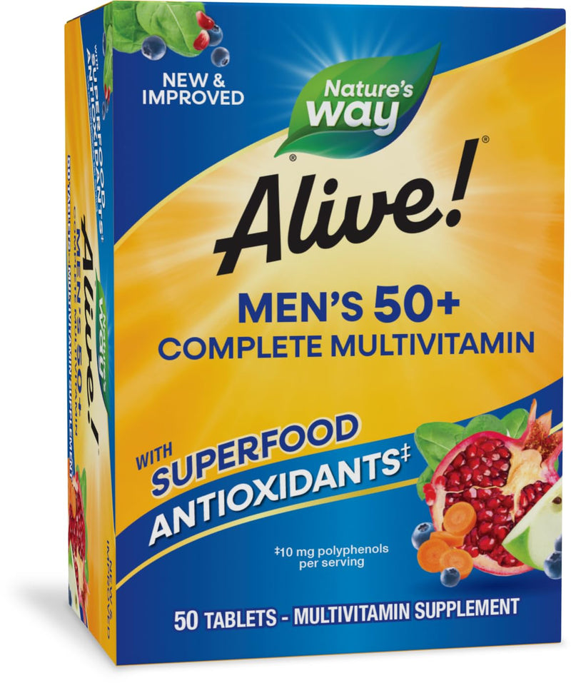 Nature's Way Alive! Men’s 50 Plus Multivitamin Complete Tablets, 50 ct | Daily Multivitamin for Men Over 50, Supports Cellular Energy Metabolism, Heart, Muscle & Eye Health*, High Potency Vitamins 50 Count (Pack of 1)