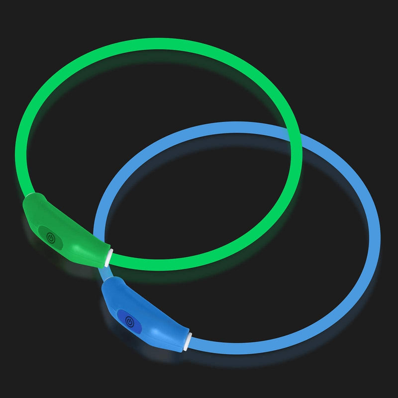 2-Pack LED Dog Collar, Light Up Dog Collars,Rechargeable Dog Lights for Night Walking，Universal, Reusable Safety Necklace for Small Medium Large Dogs Green&Blue - BeesActive Australia