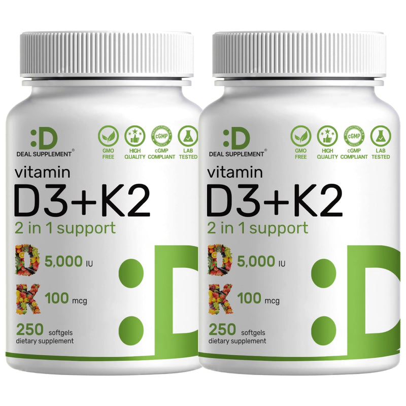 DEAL SUPPLEMENT 2 Pack Vitamin D3 5,000 IU + K2 MK7 Softgels, 500 Count | 2-in-1 Complex | Supports Heart, Bone, Teeth & Immune Health | Easy to Swallow 250 Count (Pack of 2)