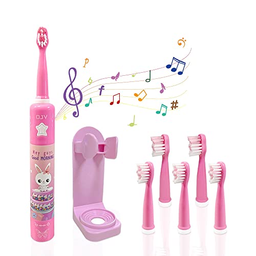 OJV 8620 Musical Electric Toothbrushes for Kids Children, 3 Modes 2 Min Timer, 6 Bristles Rechargeable Power Smart Sonic Music Play Song Toothbrush for Girls Age 3-14 with Wall Mounted Holder (Pink) Pink