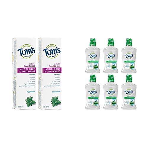 Tom's of Maine Fluoride-Free Antiplaque & Whitening Toothpaste, Whitening Toothpaste with Tom's of Maine Wicked Fresh! Mouthwash, Natural Mouthwash, Cool Mountain Mint, 16 Ounce, 6-Pack