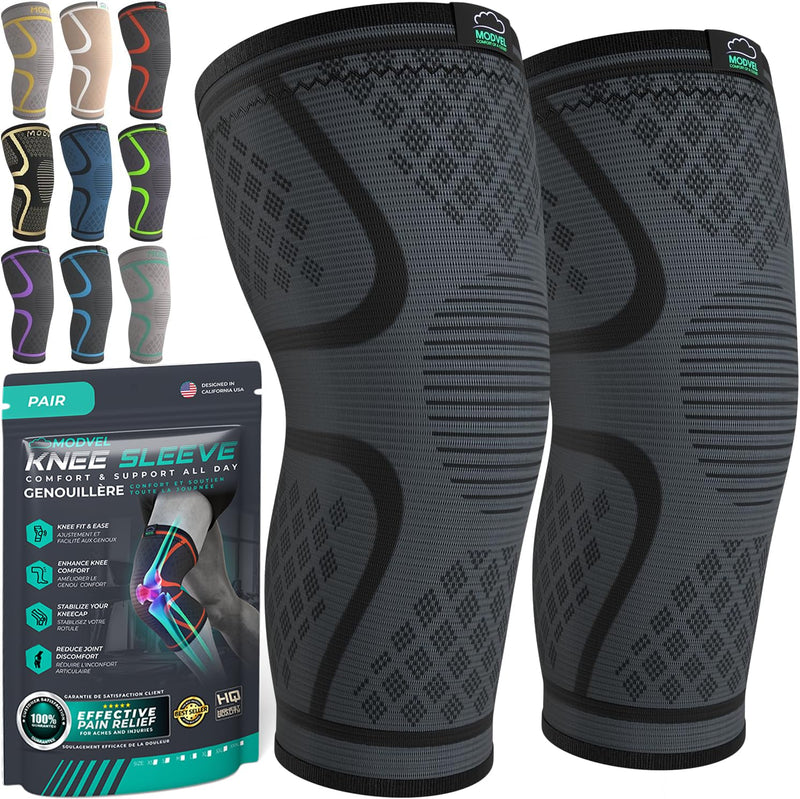 Modvel Compression Knee Brace for Women & Men, 2-Pack Knee Brace for Running Knee Pain, Knee Support Compression Sleeve, Workout Sports Knee Braces for Meniscus Tear, ACL & Arthritis Pain Relief Large A Black