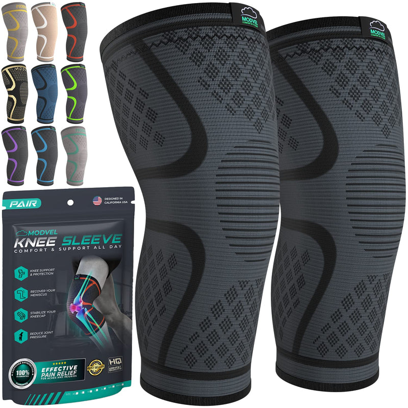 Modvel Compression Knee Brace for Women & Men - 2 Pack Knee Brace for Running Knee Pain, Knee Support Compression Sleeve, Workout Sports Knee Braces for Meniscus Tear ACL & Arthritis Pain Relief A Black Large