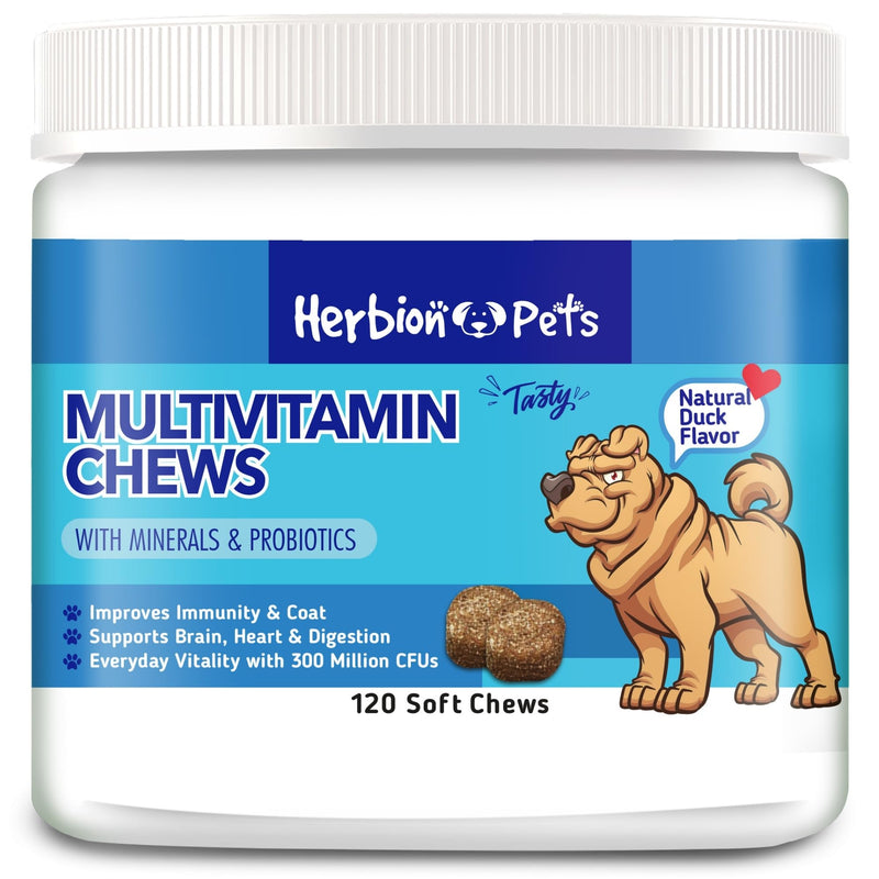 HERBION Pets Multivitamin Chews with Minerals & Probiotics, Improves Immunity & Coat, Supports Digestion, Brain & Heart Health, Delicious Natural Duck Flavor, Dog Supplements & Vitamins, Pack of 1