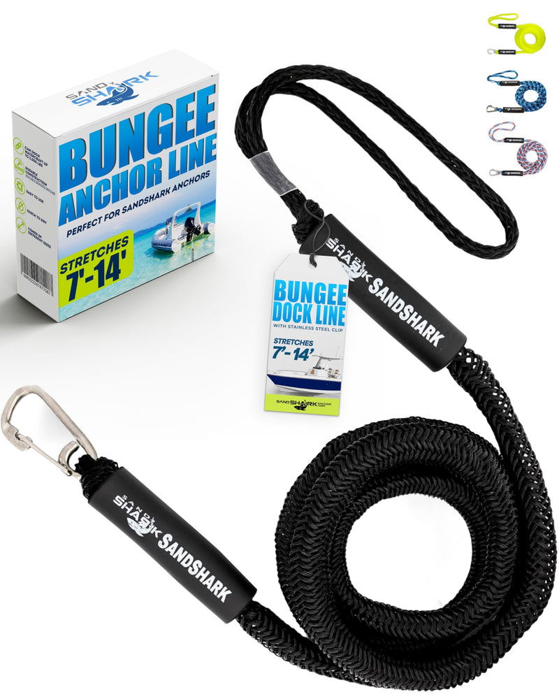 SandShark Premium Anchor Bungee Dock Line. Boat Accessories Anchor Line Absorbs Shock to Anchors and Docks w/Stainless Steel Clip - Black - 7-14ft - BeesActive Australia