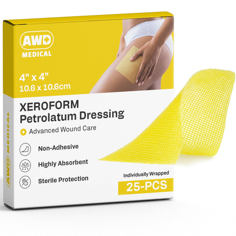 AWD Medical Xeroform Petrolatum Dressing - Non-Adhering Gauze Pad - Fine Mesh Gauze Patch Sterile - Healthcare Supplies for Wound Care, Burns, Lacerations, & Skin Grafts Aide (Box of 25) (4"x4") 4"x4" (25 Pack) - BeesActive Australia