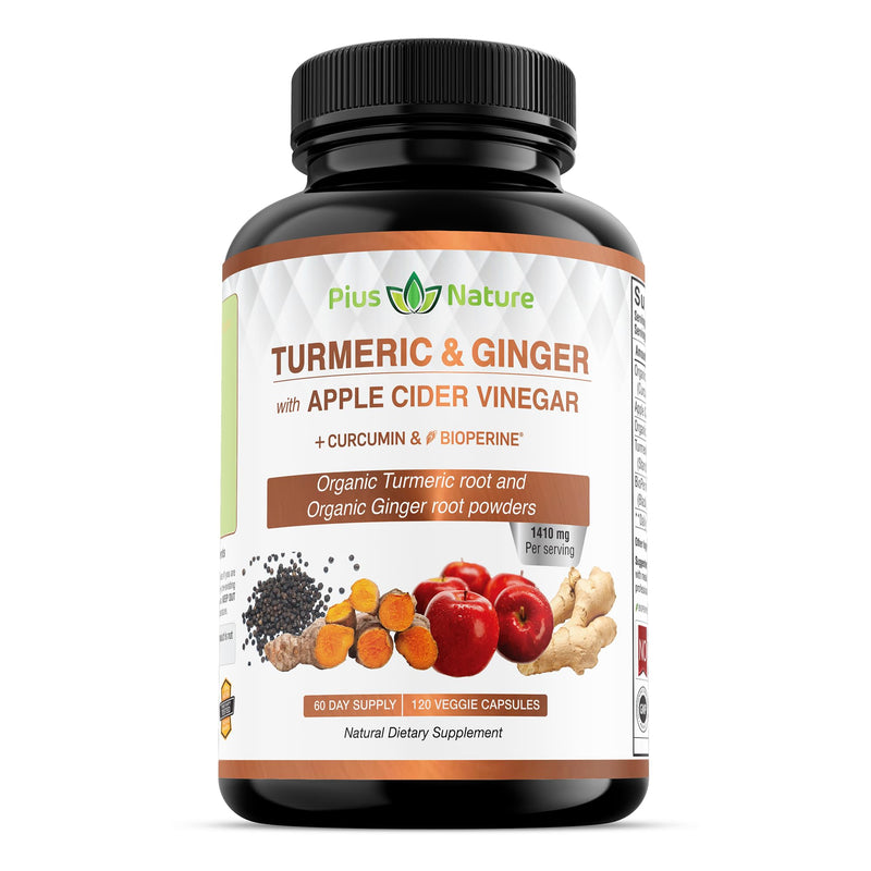 120 Capsules of USDA Organic Turmeric Root Powder, USDA Organic Ginger Powder and Apple Cider Vinegar Powder with Curcumin (95% Curcuminoids) and Bioperine, 1410 mg per Serving in Veggie Capsules 120 Count (Pack of 1) - BeesActive Australia