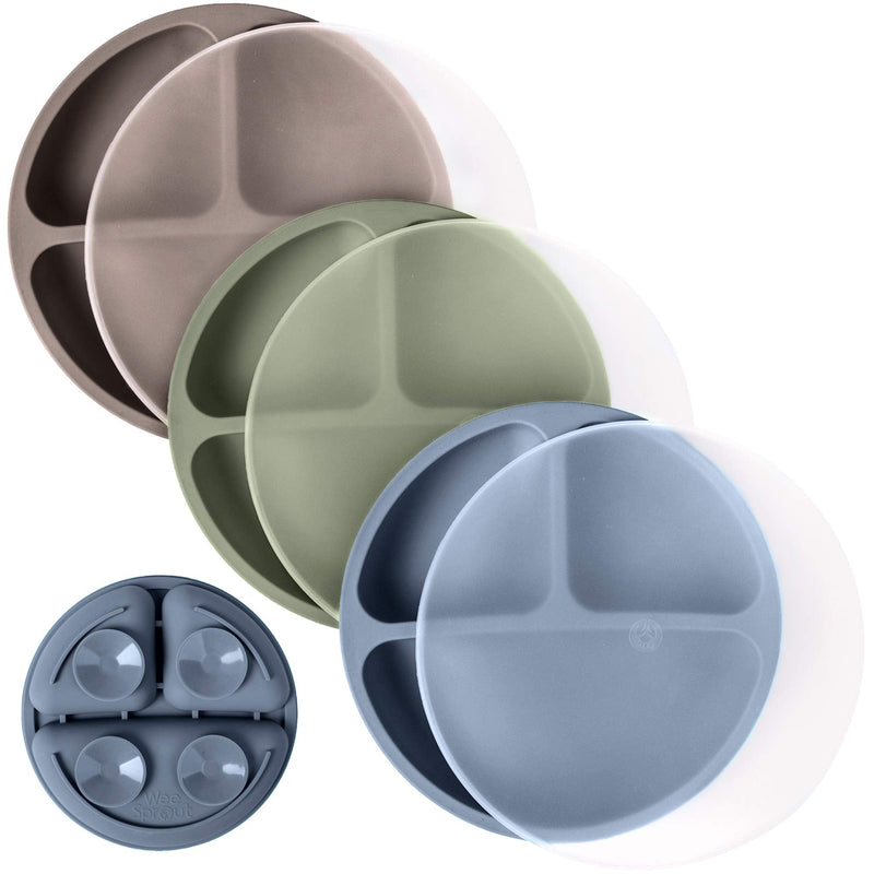 WeeSprout Suction Plates with Lids for Babies & Toddlers - 100% Silicone, Dinnerware Stays Put, Divided Design for Picky Eaters, Microwave & Dishwasher Friendly, 3 Pack Matte Dark Grey, Blue & Green - BeesActive Australia