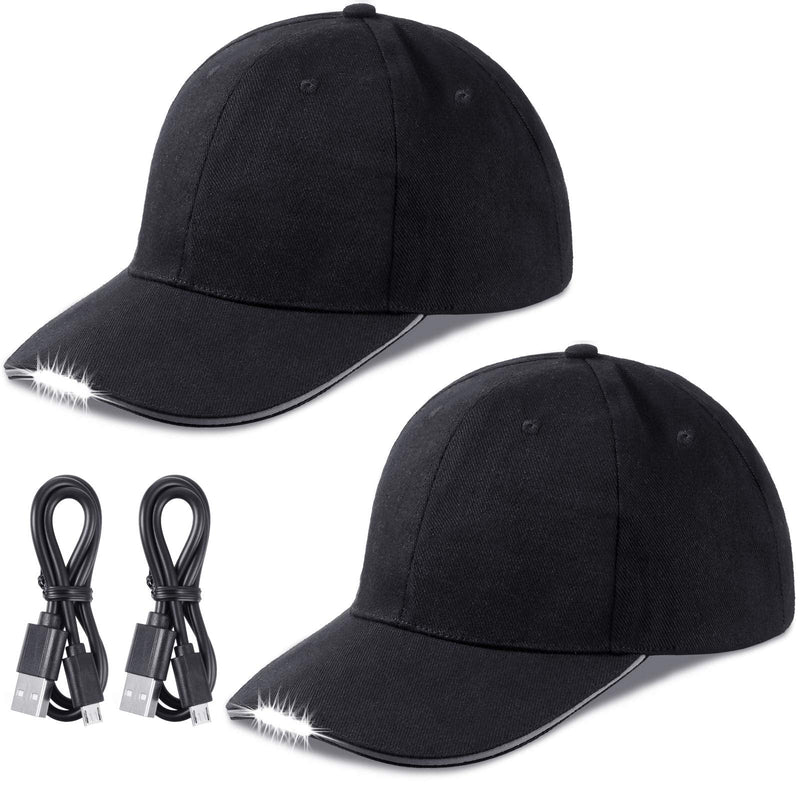 Syhood 2 Pieces LED Baseball Caps Flashlight Hats Hands Free Baseball Caps with Light Built in 5 Battery Powered Headlamp LED Hats Light for Men Fishing Jogging Camping Hand Work Black