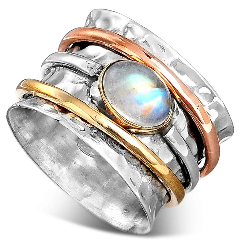 Boho-Magic 925 Sterling Silver Spinner Moonstone Ring for Women with Copper and Brass Fidget Rings Bands 6 - BeesActive Australia