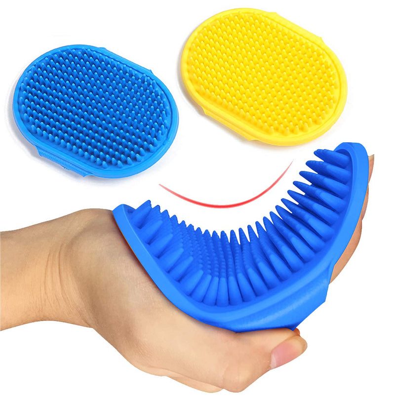 2 Pcs Dog Grooming Brush, Pet Shampoo Brush Dog Bath Grooming Shedding Brush Soothing Massage Rubber Comb with Adjustable Strap for Short Long Haired Dogs and Cats Blue & Yellow - BeesActive Australia