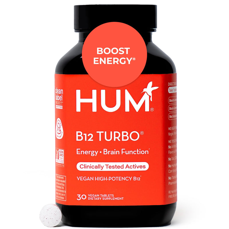 HUM B12 Turbo High Potency Vitamin B12 Daily Energy Support, 30 Count | Vitamin B12 & Calcium, 30 High Potency Tablets, Vegan, Gluten Free, Non-GMO 30 Count (Pack of 1)