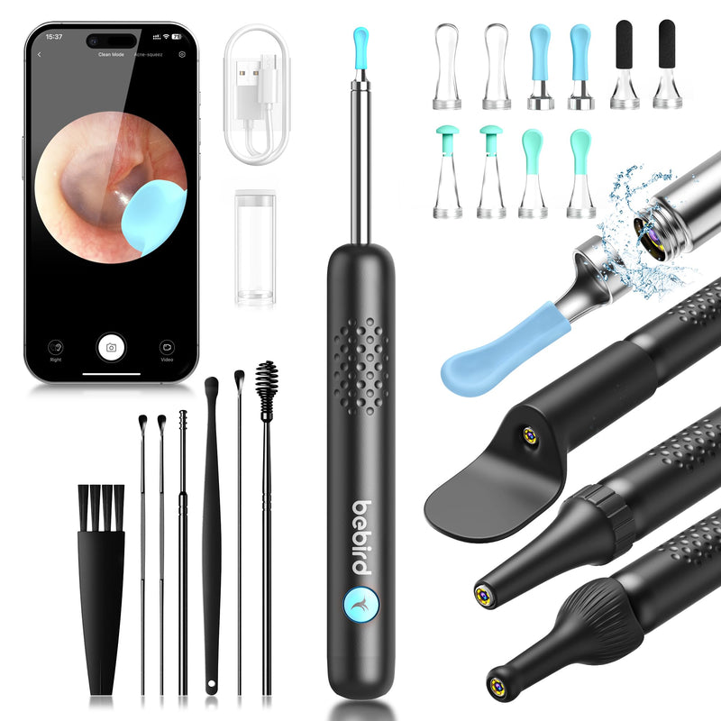 BEBIRD R1 Wax Removal Tool for Ear - Spade Ear Canal Cleaner with Camera 1080P Earscope, Wax Remove Ear Picker with Vari Replacement Tips, Camera with 6LED Light for Ear/Nose/Throat Examination, Black - BeesActive Australia