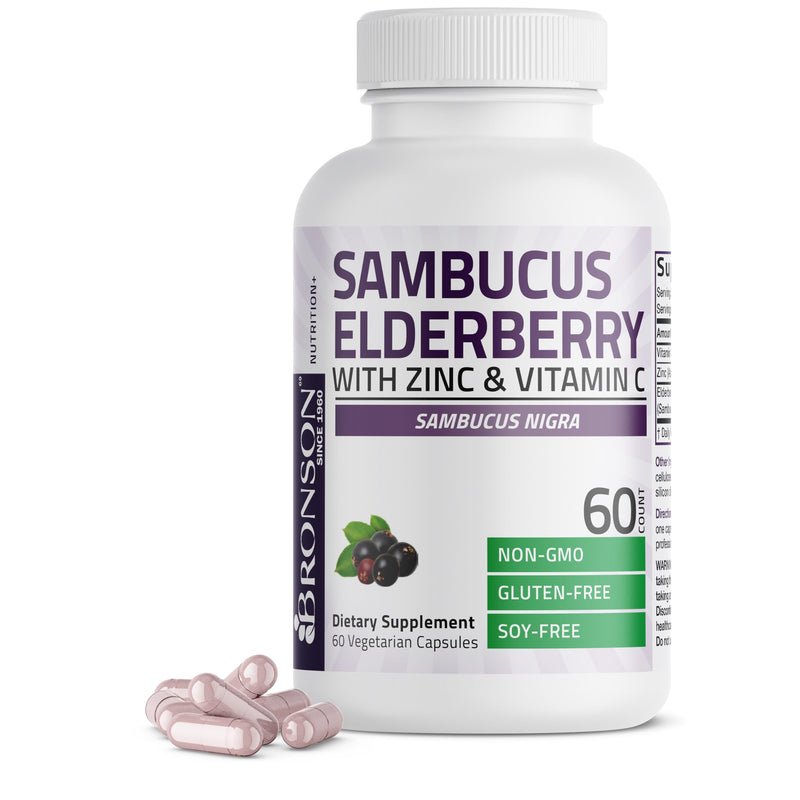 Bronson Elderberry with Zinc & Vitamin C Triple Immune Support, 60 Capsules | 125 mg Elderberry, 120 mg Vitamin C & 7 mg Zinc, Antioxidant Support, Vegetarian, Non-GMO, Gluten-Free & Soy-Free
