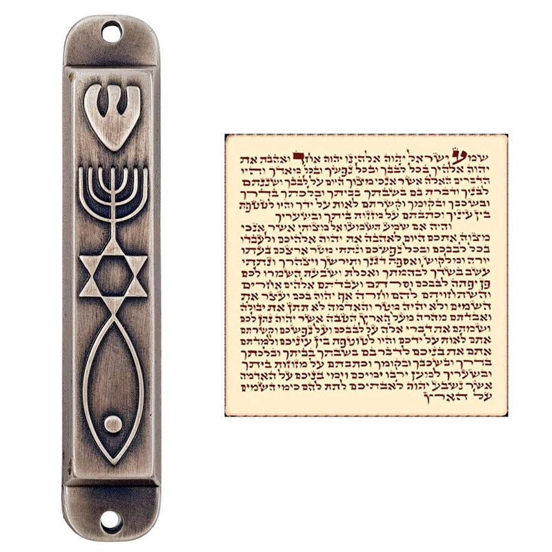TALISMAN4U Pewter Messianic Mezuzah Case with Scroll for Door 3D Menorah Messianic Seal 10 cm / 4 Inch - BeesActive Australia