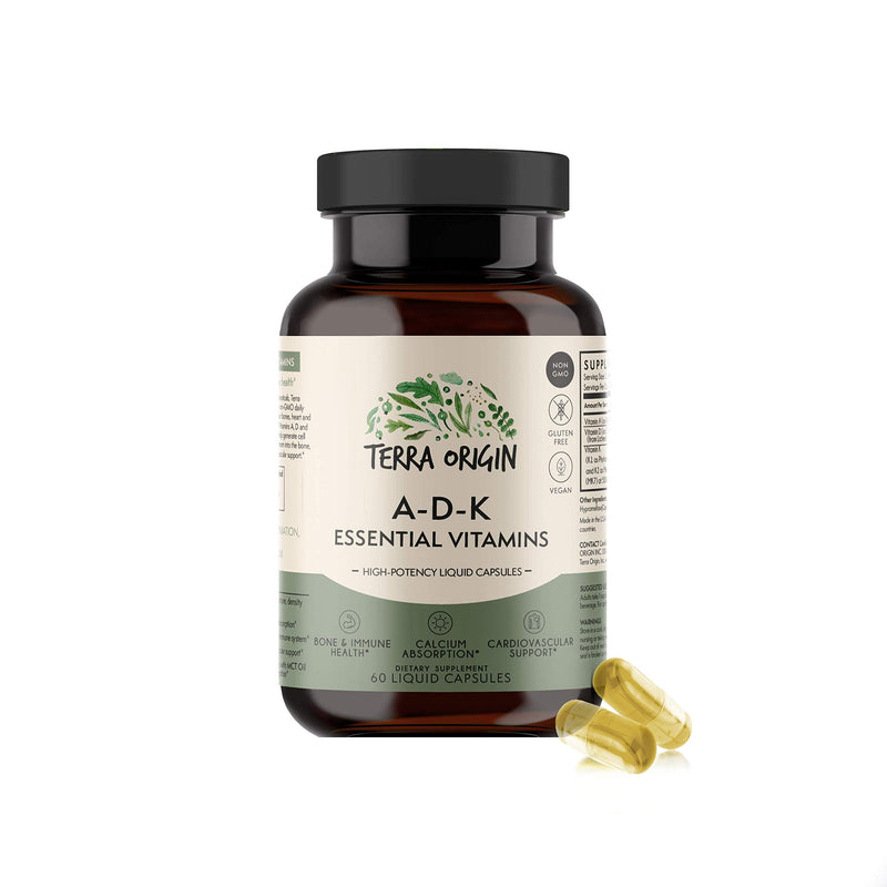 TERRA ORIGIN ADK Essential Vitamin Supplement | 60 Liquid Capsules | High Potency Vitamin A, D 5000 IU, K1 and K2 | Non GMO, Gluten Free, Vegan, Made in USA