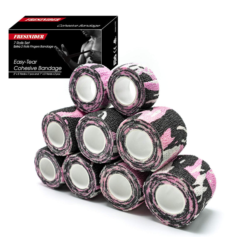 9 Rolls Self Adhesive Wrap Athletic Tape Gauze, Breathable Elastic Cohesive Bandage for Sports Injury & Pet (7 Pcs 2"x 5 Yards + 2 Pcs 1" X 5 Yards) (Camouflage Pink) Camouflage Pink - BeesActive Australia