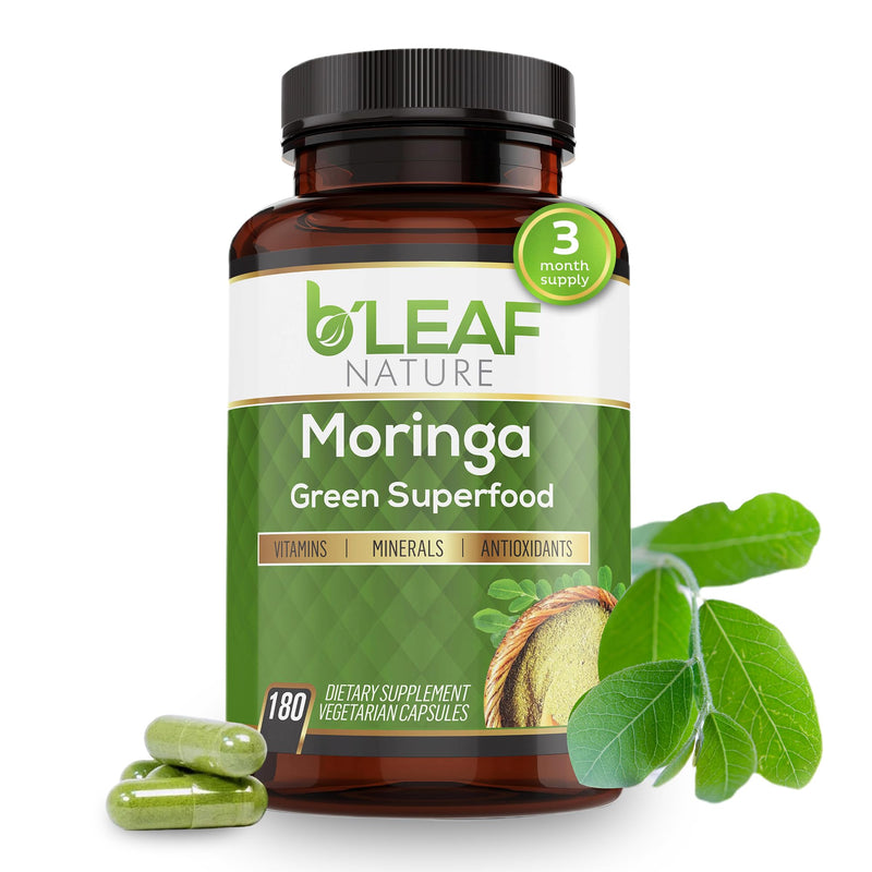 B'LEAF NATURE Moringa Leaf Vegan Capsules 1000mg Serving, 180 Count | Pure Moringa Oleifera Leaf Powder, Energy & Immune Support, Non-GMO Gluten Free Vegan, Superfood 180 Count (Pack of 1)
