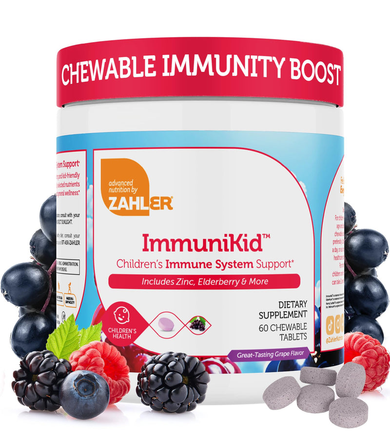 Zahler Kids Immune Support Supplement with Elderberry, Zinc and Vitamin C D3 A - Grape Flavored Chewable Tablets - Kosher Children's for Ages 4 and Up, 60 Count 60 Count (Pack of 1)