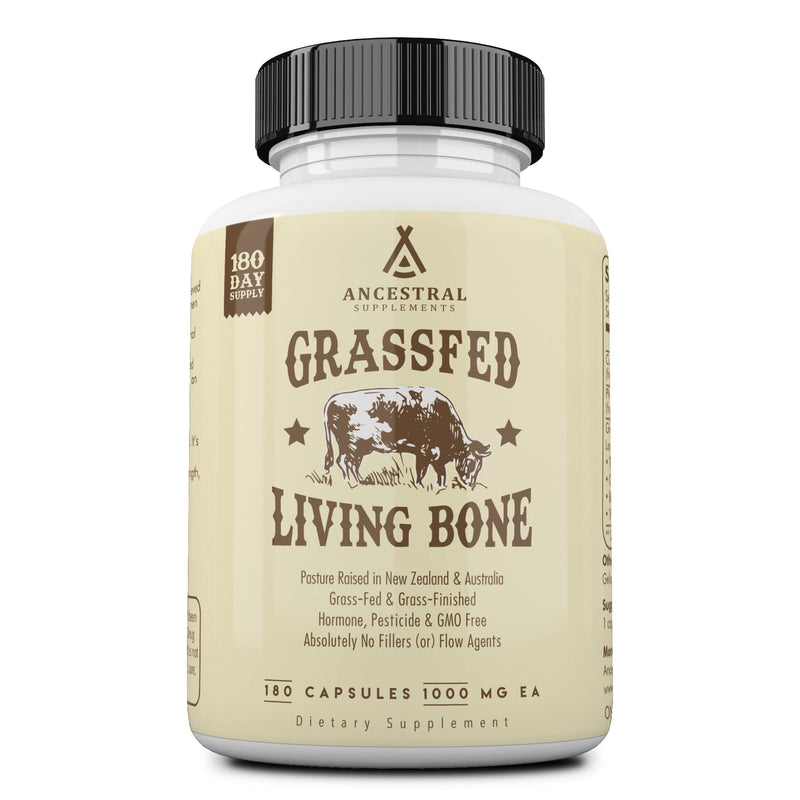Ancestral Supplements Grass Fed Beef Living Bone Supplement, 180 Ct | Grassfed bone meal capsule supporting calcium and phosphorus absorption, bone, oral and joint health & flexibility. 180 Count (Pack of 1)
