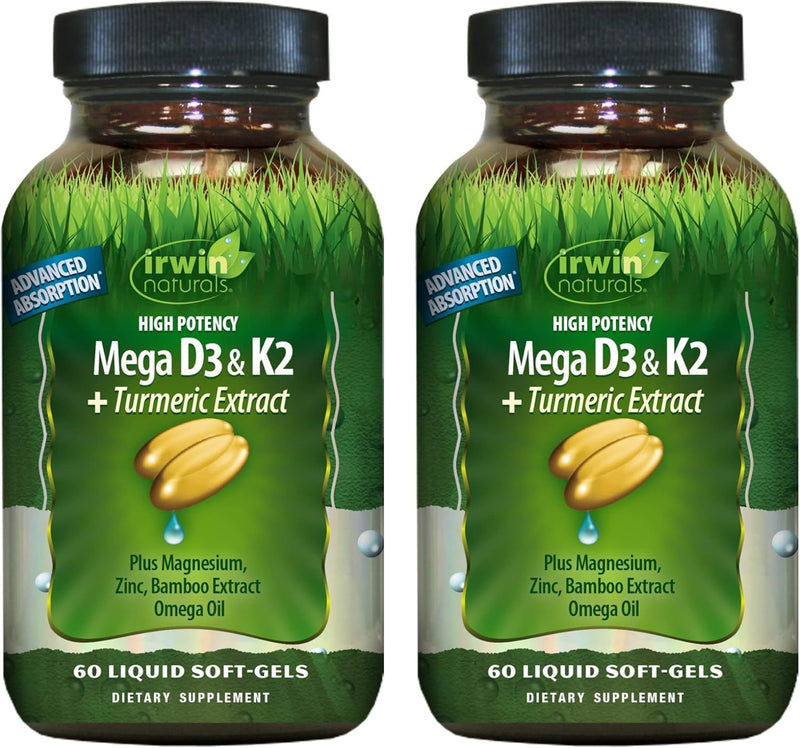 Irwin Naturals Mega D3 & K2 + Turmeric Extract | High Potency (2 Pack) | Mood, Bone & Immune Support | Vitamin D3 + MK-7 K2 | Magnesium & Zinc | 2 X 60 Liquid Soft-Gels 60 Count (Pack of 2)