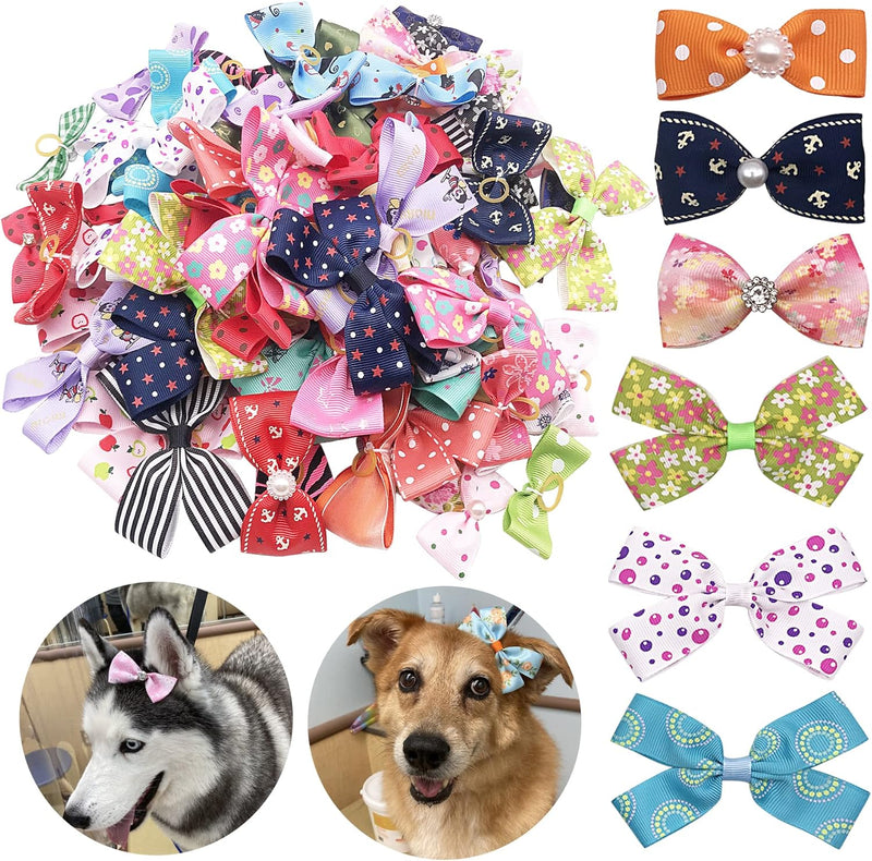 PET SHOW 20Pairs 2" 3" 4" Big Dog Hair Bows with Rubber Band for Small Medium Large Dogs Rhinestone Floral Bowknot Topknot Cats Rabbits Girl Boy Pink Blue Grooming Hair Accessories - BeesActive Australia