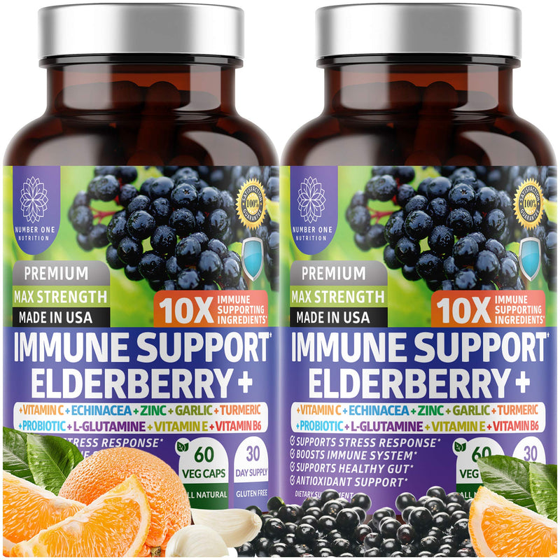 2-Pack N1N Premium 10-in-1 Immune Support Supplement [10 Potent Ingredients] with Elderberry, Vitamin C, Zinc, Echinacea, Turmeric Curcumin, Garlic and Probiotics for Adults, 120 Veg Caps 60 Count (Pack of 2)