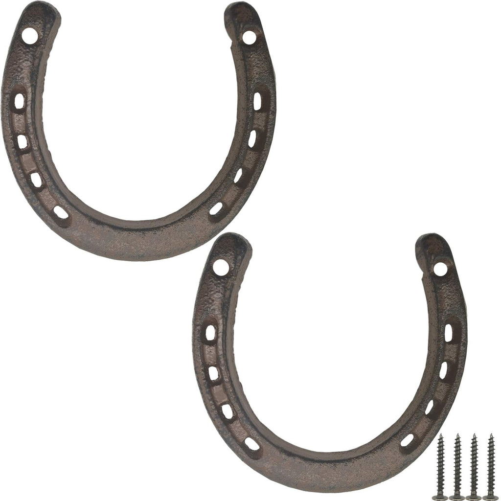 TIHOOD 2PCS Cast Iron Horseshoe Wall Decor, Medium Horseshoe Durable Cast Iron 5 Holes On Each Side for Indoor Or Outdoor