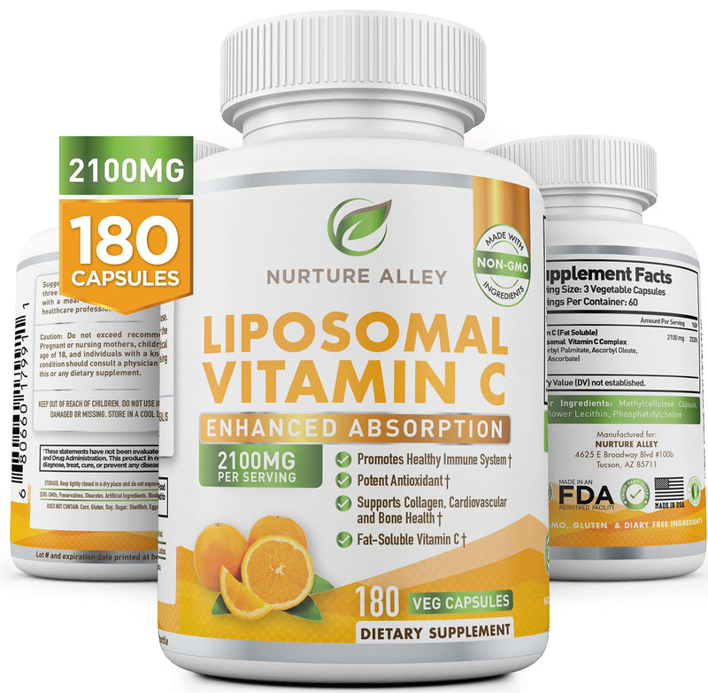 Liposomal Vitamin C 2100mg- 180 Capsules High Absorption Ascorbic Acid - Supports Immune System and Collagen Booster - Powerful Antioxidant High Dose Fat Soluble Supplement
