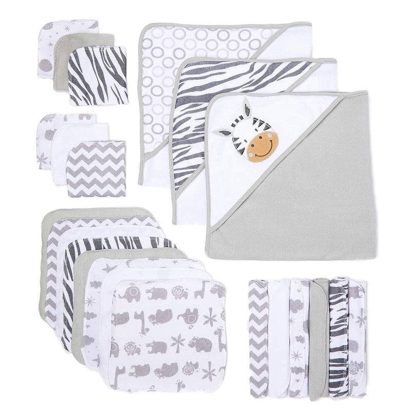 Spasilk 23-Piece Soft Terry Hooded Bath Towel and Washcloth Gift Set, 3 Baby Towels and 20 Baby Washcloths for Newborn Boys and Girls, Baby Bath Essentials, Ideal, White Zebra - BeesActive Australia