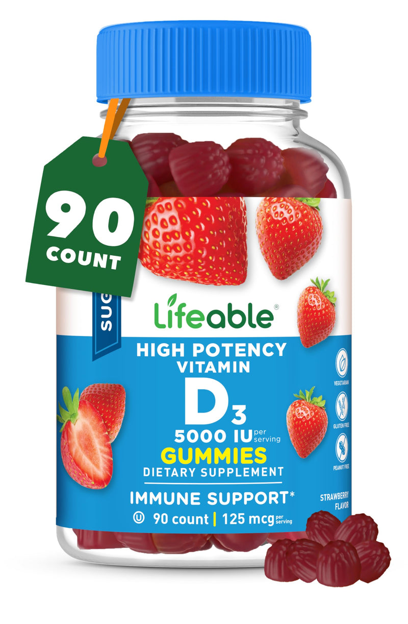 Lifeable Sugar Free Vitamin D 5000 IU - Great Tasting Natural Flavor Gummy Supplement - Gluten Free Vegetarian GMO-Free Chewable - for Immune Support and Bone Health - for Adults - 90 Gummies 90 Count (Pack of 1)