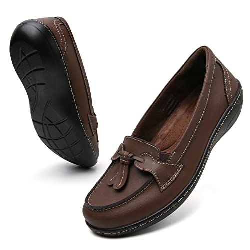 Maichal Loafers for Women Slip On Comfort Leather Dressy Shoes with Tassel 8 Brown