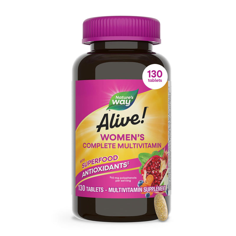 Nature's Way Alive! Complete Multivitamin for Women, Daily Vitamin, 130 ct | Women’s Vitamin Tablets Supports Cellular Energy Metabolism, Hair, Skin & Nails*, B-Vitamins, with Superfood Antioxidants 130 Count (Pack of 1)