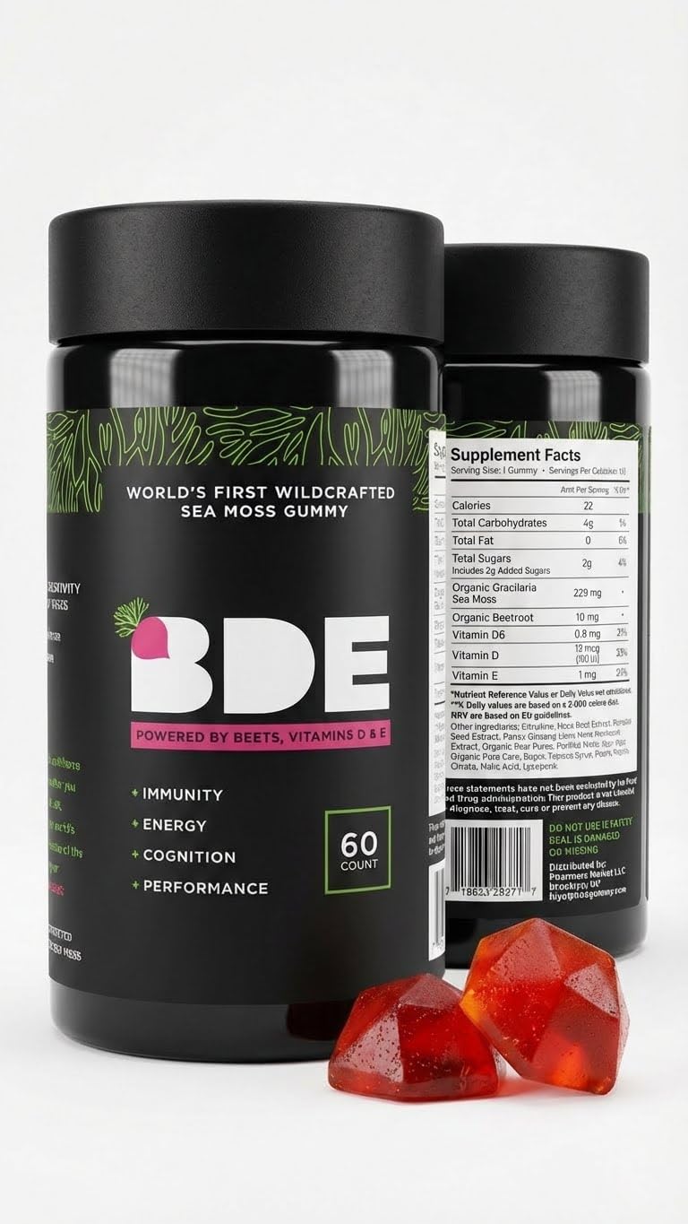BDE Wildcrafted Sea Moss Gummy Maca Root, Beets, Lions Mane Mushroom, Vitamin D + E - Vegan Collagen, Zinc, Immunity & Detox, Gut Health - 60 Count 60 Count (Pack of 1)