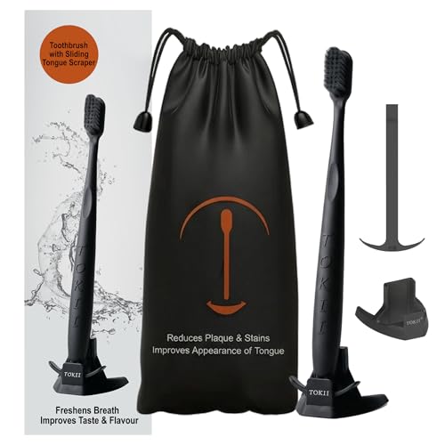 TOKII Tongue Scraper & Tongue Cleaner for Adults, 2-in-1 Toothbrush with Sliding Tongue Scraper, Charcoal Ultra Soft Bristles, Ayurvedic-Inspired, Includes Travel Toothbrush, Stand & Waterproof Pouch Black 1 Count (Pack of 1)