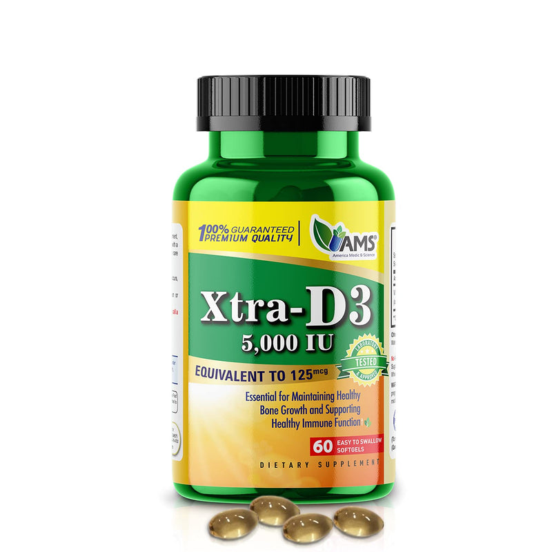 America Medic & Science Xtra D3 Vitamin D 5,000 IU (125 mcg) Cholecalciferol Supplement for Men & Women (60 Easy to Swallow Softgels) Best for Bone, Heart Health, Immune System Support, Lung Function 60