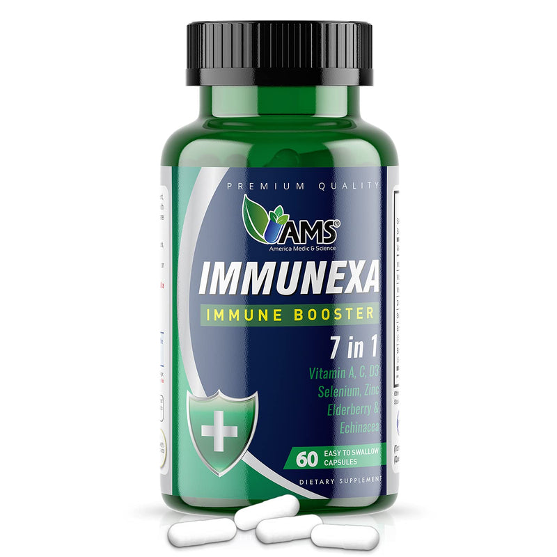 America Medic & Science Immunexa 7 in 1 Immune Support Booster (60 Capsules) with Vitamin A, C, D, Zinc, Echinacea, Elderberry | Adults Immunity Boosting Supplement | Natural, Non-GMO & Gluten-Free 1 Count (Pack of 60)