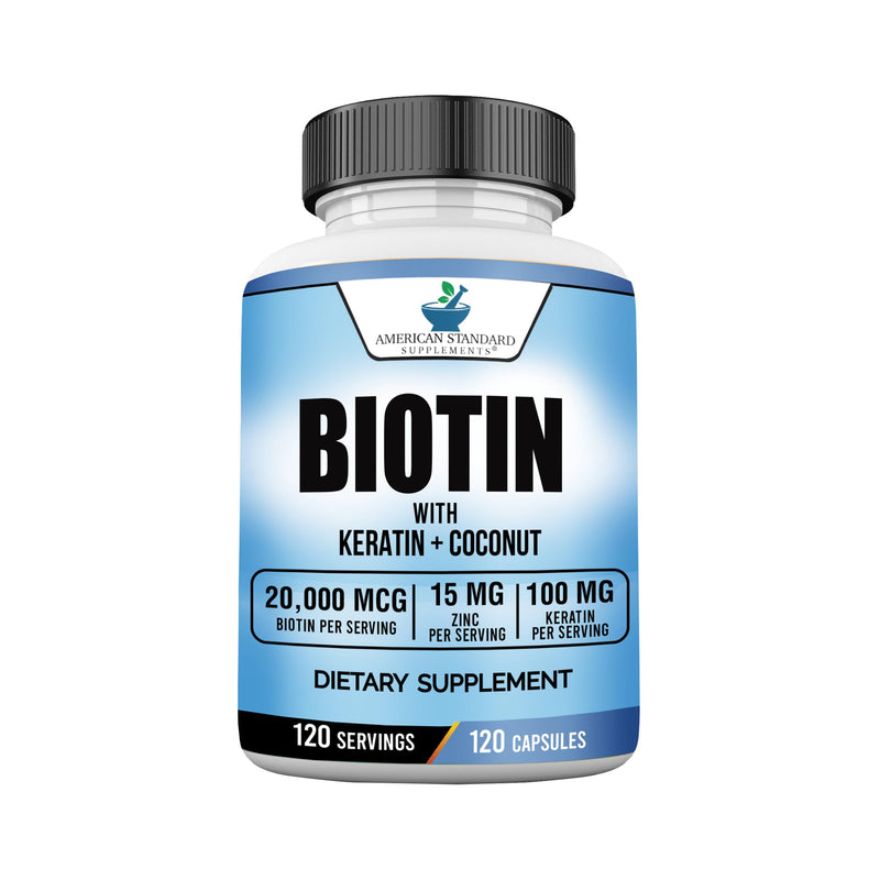 American Standard Supplements Biotin 20,000mcg with Keratin, Coconut Powder and Zinc, Biotin Supplement for Women and Men,120 Veggie Capsules, 120 Day Supply 120 Count (Pack of 1)